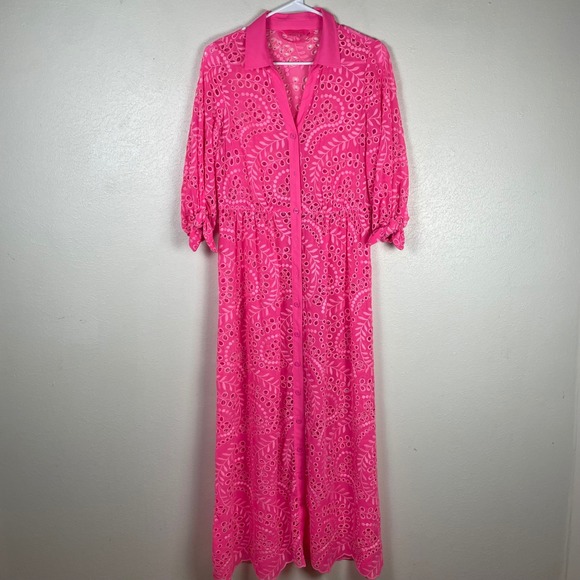 Lilly Pulitzer Dresses & Skirts - Hot Pink Eyelet Embroidery Button Front Maxi Dress Collared 3/4 Sleeve Scalloped